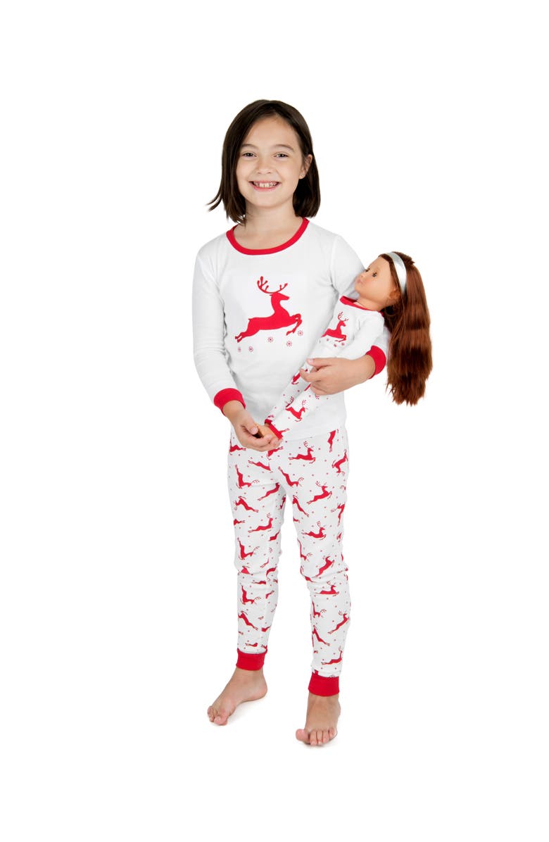 Leveret Girls 2-pc. Cotton Pajamas with Matching Doll Accessory - Holiday Prints/Solids, Alternate, color, Reindeer White