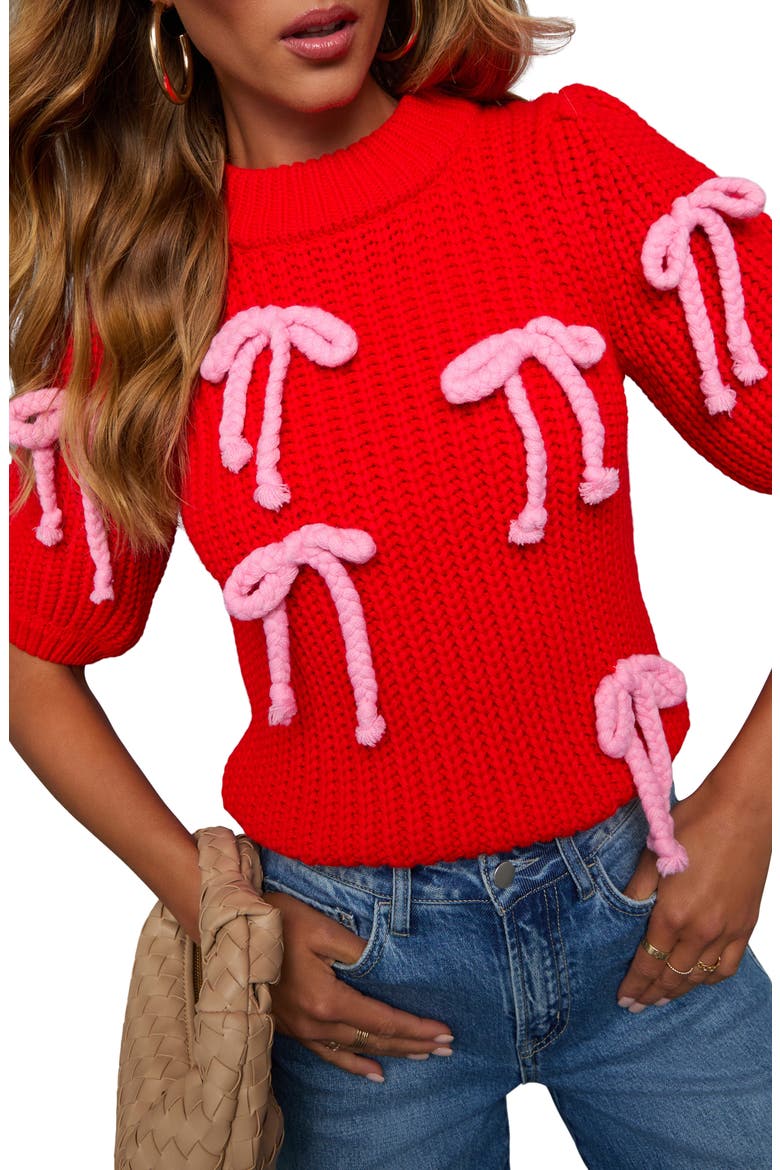 Tied Down Bow Detail Puff Sleeve Sweater, Alternate, color, RED