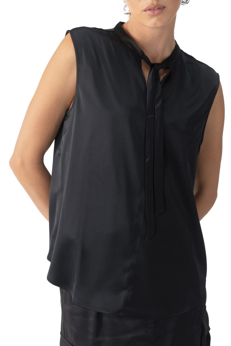 Tie Neck Satin Shell, Alternate, color, BLACK