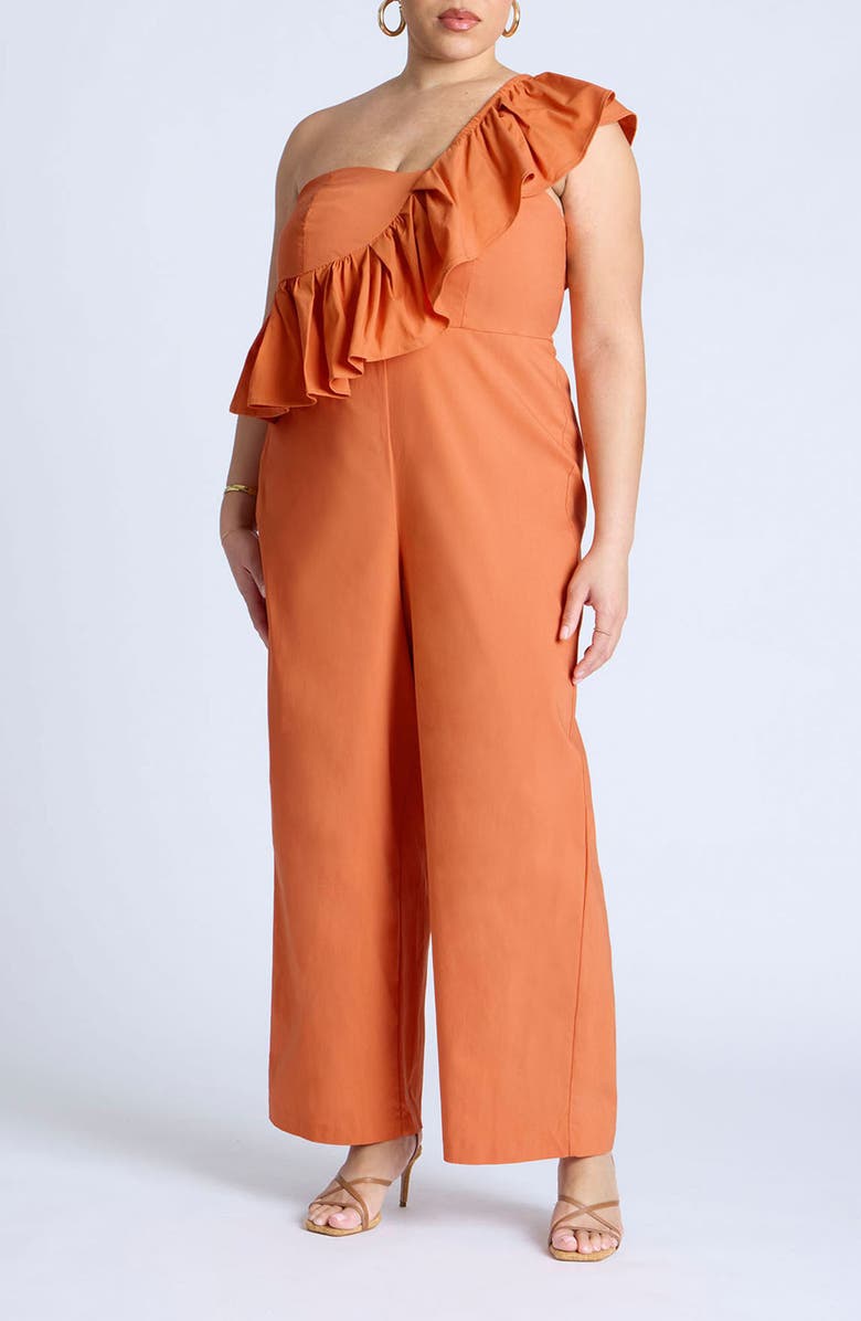 ELOQUII Ruffle One-Shoulder Wide Leg Jumpsuit, Main, color, 