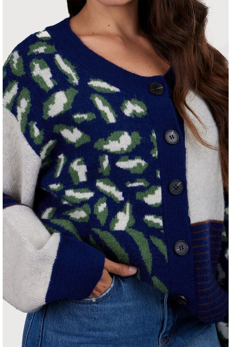 Leopard Patchwork Knit Cardigan Sweater, Alternate, color, NAVY