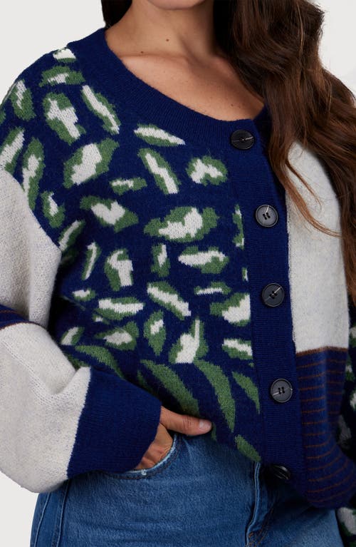 Saachi Leopard Patchwork Knit Cardigan Sweater In Navy