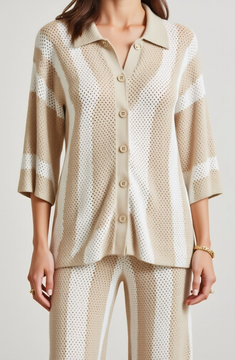 Modenaire Striped Knit Button-Front Top and Wide-Leg Pants Set, Alternate, color,