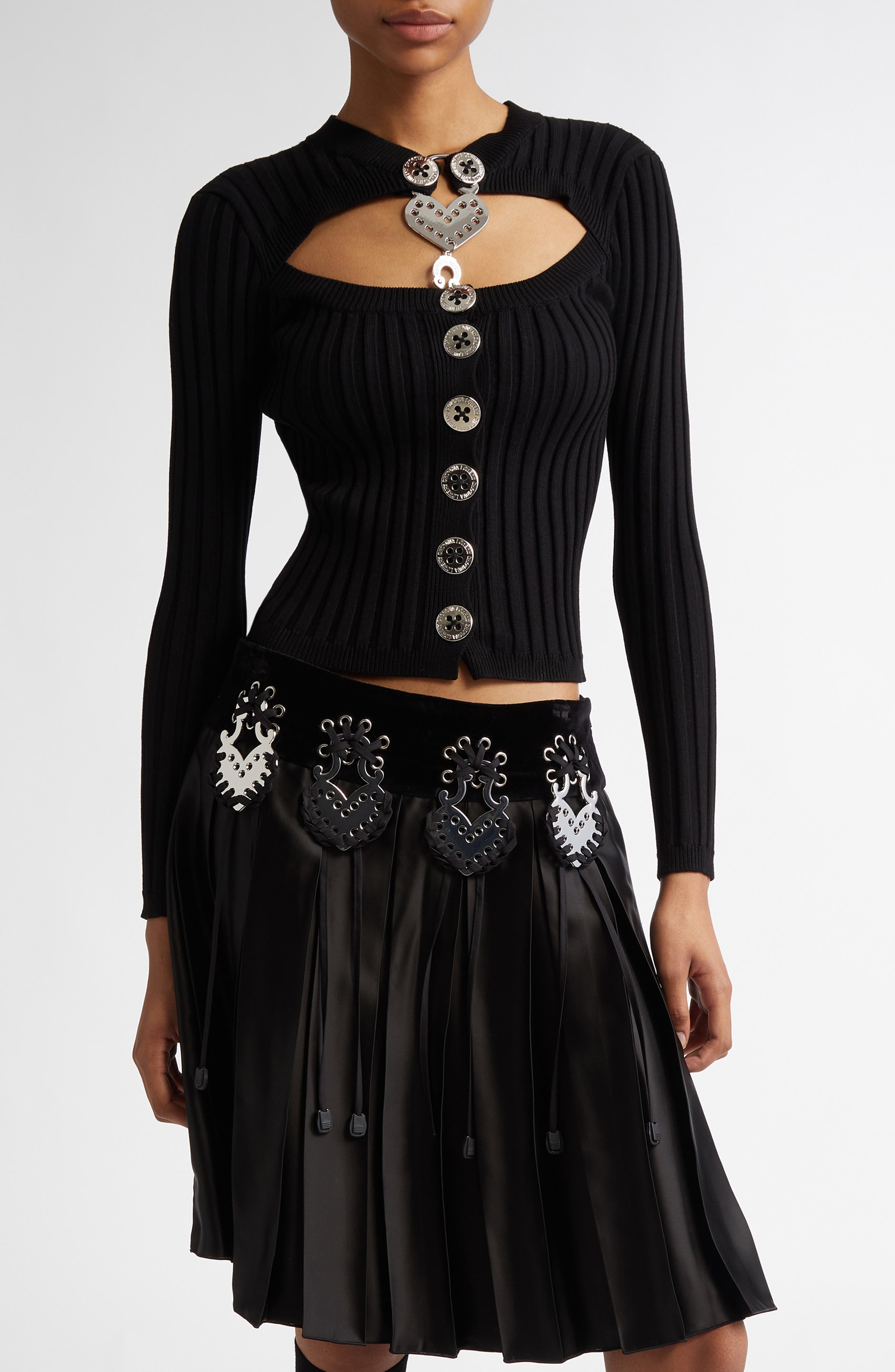 Chopova Lowena Sweetheart Chest Cutout Rib Cardigan in Black 