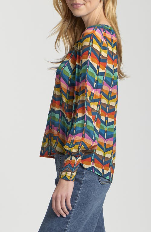 Apny Printed Smocked Cuff Top In Multi
