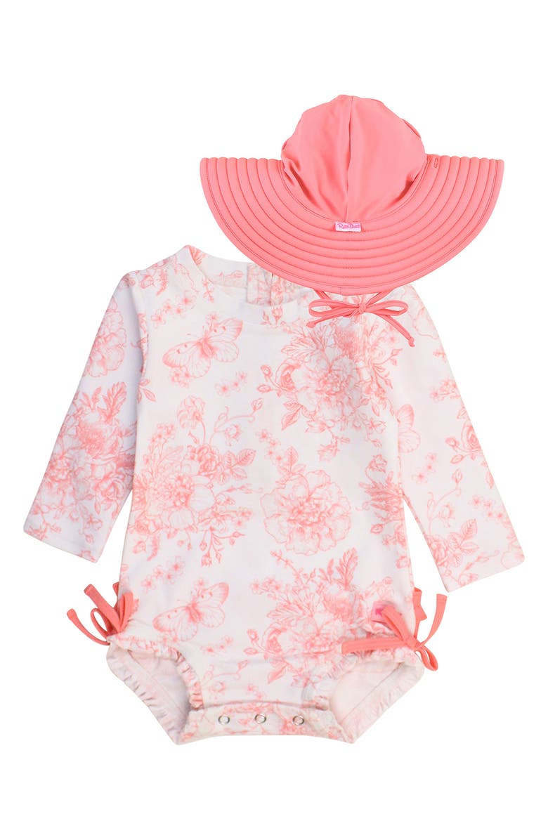 RuffleButts Pink Garden One-Piece Rashguard Swimsuit & Hat Set, Main, color, 