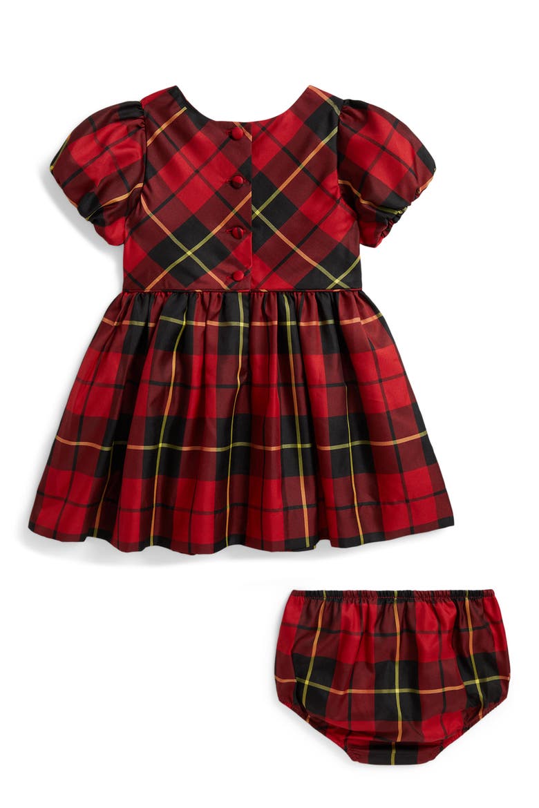 Plaid Puff Sleeve Taffeta Party Dress & Bloomers Set, Alternate, color, RED-BLACK MULTI PLAID