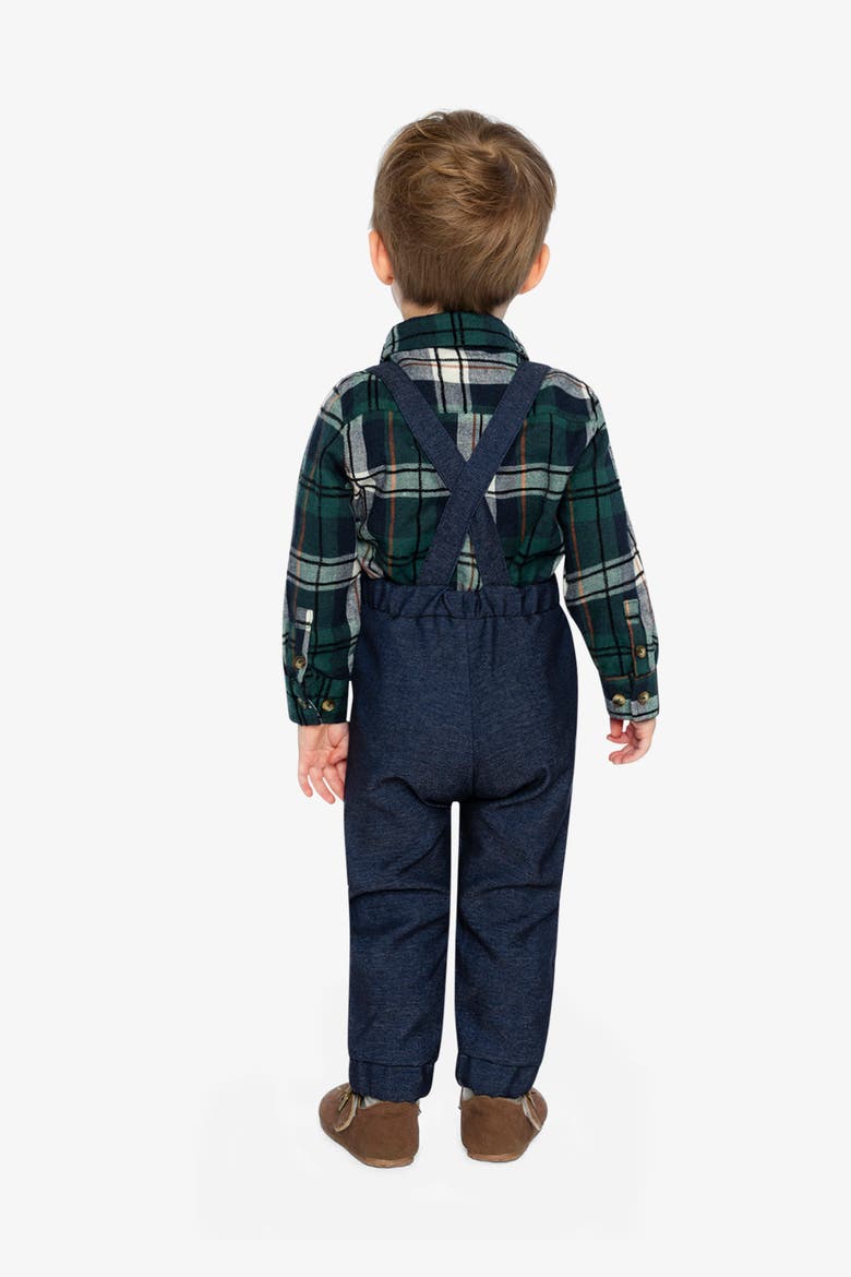 Button Front Bodysuit Suspender Pants Top & Pants Set, Alternate, color, Blue and Green Checks