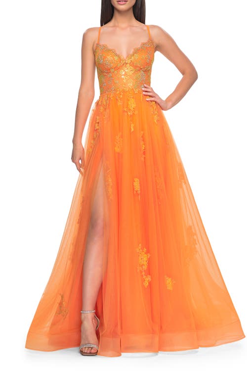 La Femme A-line Tulle Gown With Scallop Detail Bodice And Lace Applique