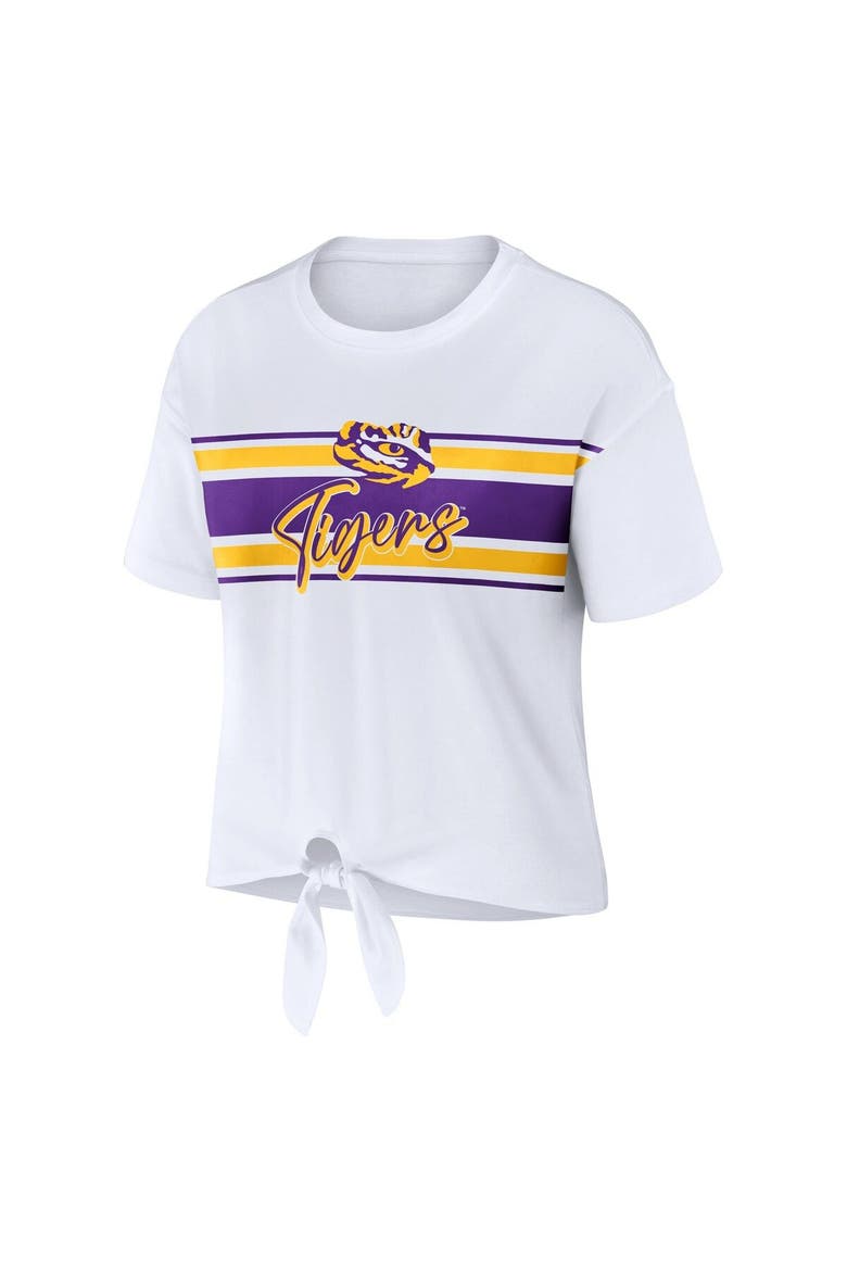Women's WEAR by Erin Andrews White LSU Tigers Striped Front Knot Cropped T-Shirt, Alternate, color, White