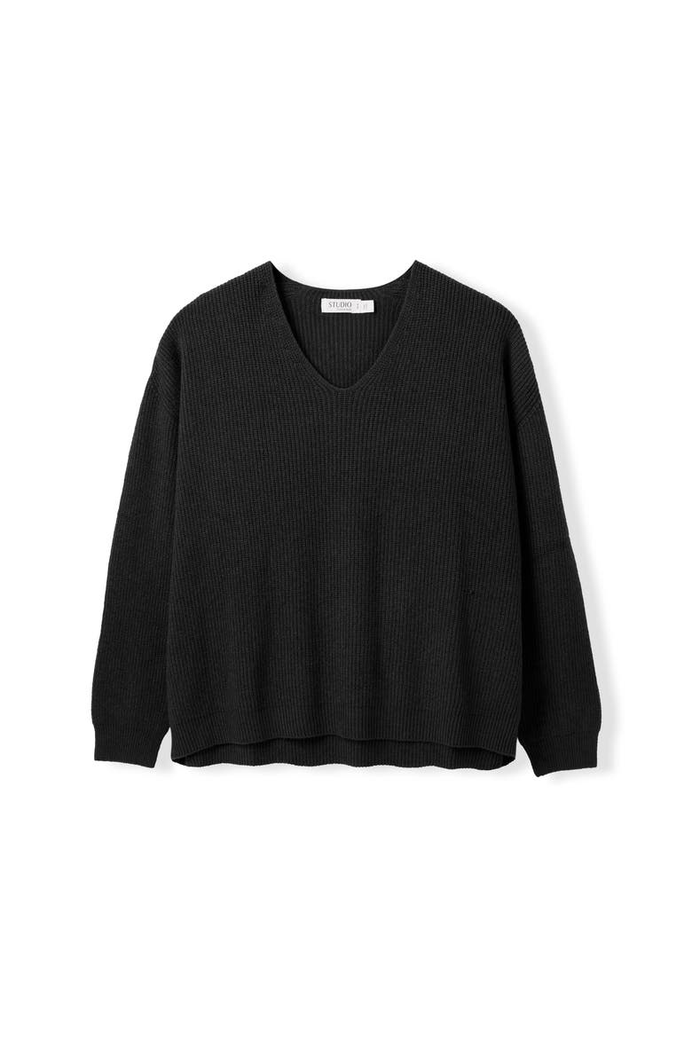 Ribbed V-Neck Jumper, Alternate, color, Black