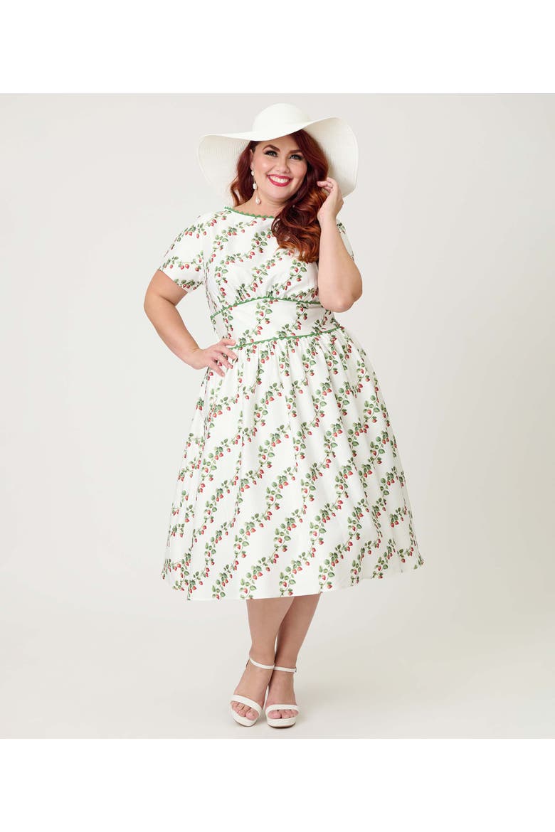 Plus Size Smocked Back Swing Dress, Alternate, color, White W/ Strawberry Print