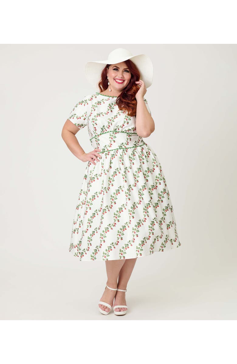 Unique Vintage Plus Size Smocked Back Swing Dress, Alternate, color, White W/ Strawberry Print