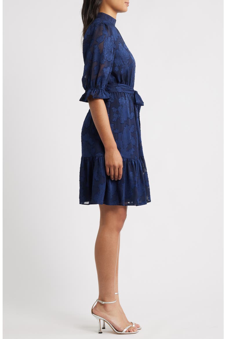 Floral Jacquard Metallic Stripe Chiffon Dress, Alternate, color, NAVY