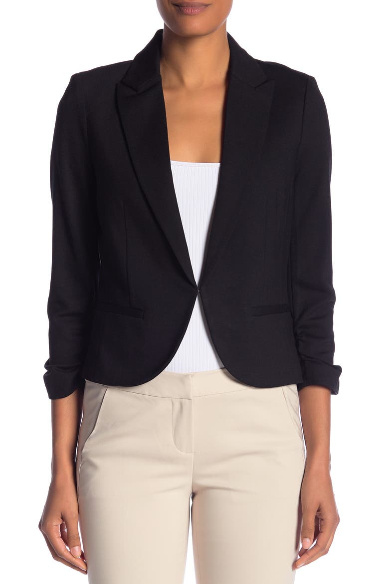 Ponte 3/4 Length Sleeve Rouched Jacket, Alternate, color, BLACK