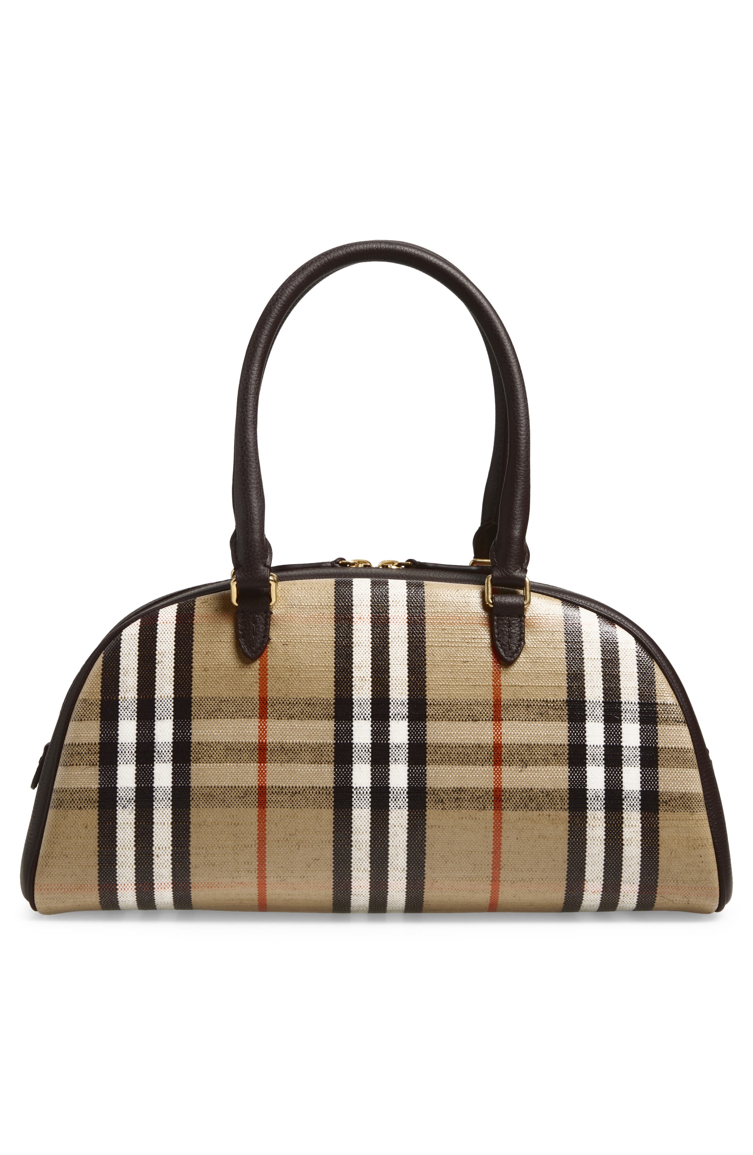 Burberry Medium Highlands Check Leather Bowling Bag, Alternate, color, Sand
