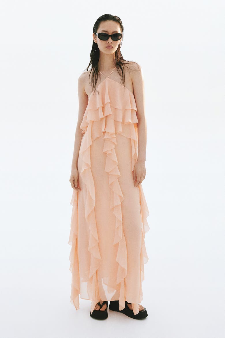 Flounced Chiffon Dress, Alternate, color, Apricot