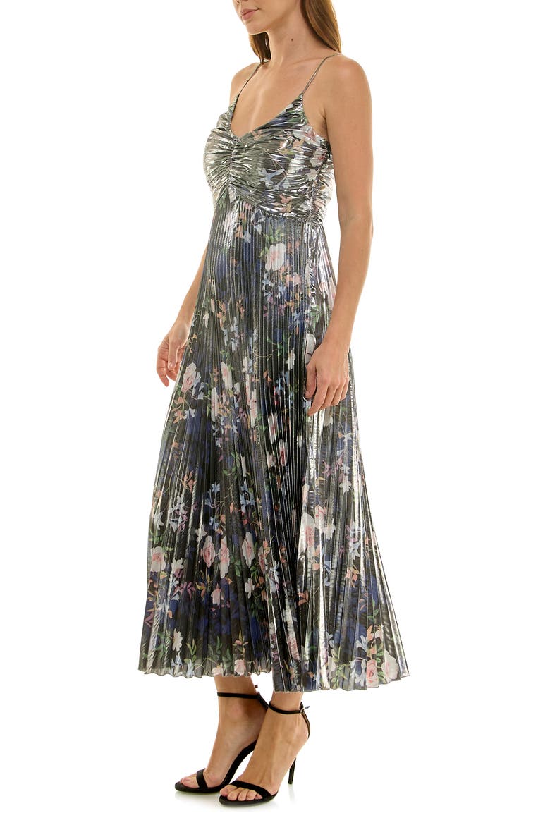 Metallic Floral Empire Waist Pleated Midi Dress, Alternate, color, SPRING BLACK METALLIC