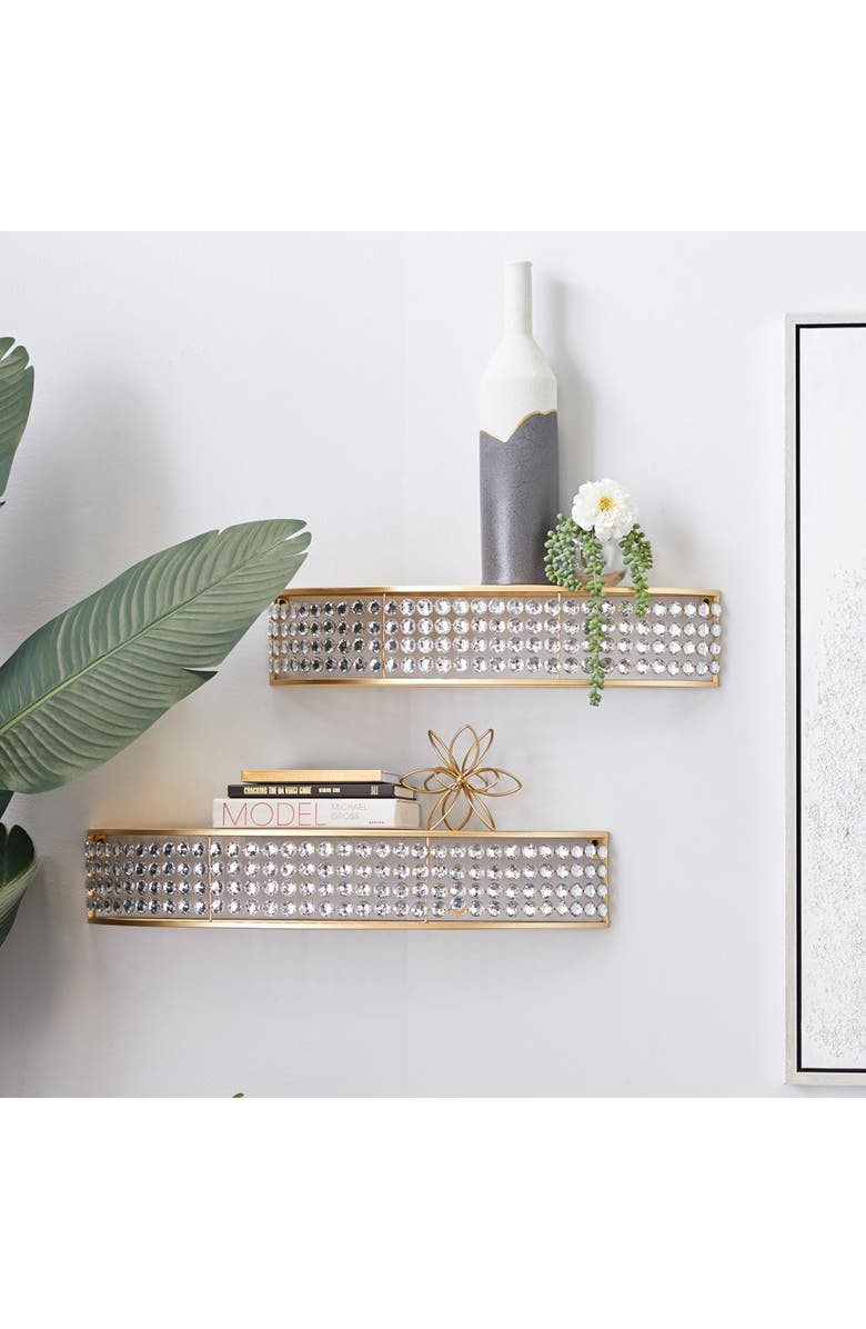 WILLOW ROW Goldtone Metal Contemporary Wall Shelf with Crystal Embellishment - Set of 2, Alternate, color, Gold
