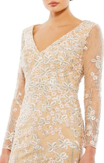 Embroidered V Neck Long Sleeve Trumpet Gown