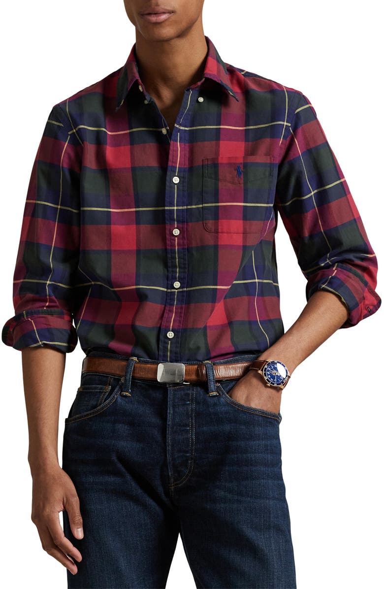 Polo Ralph Lauren Classic Fit Plaid Cotton Oxford Button-Down Shirt, Main, color, Rustic Red/ Yellow Multi