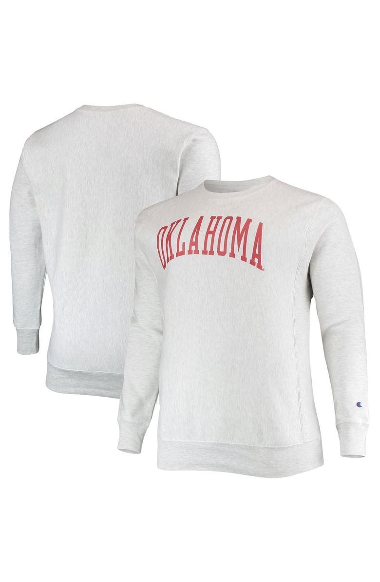 Champion Men's Champion Heathered Gray Oklahoma Sooners Big & Tall Reverse Weave Fleece Crewneck Pullover Sweatshirt, Main, color,
