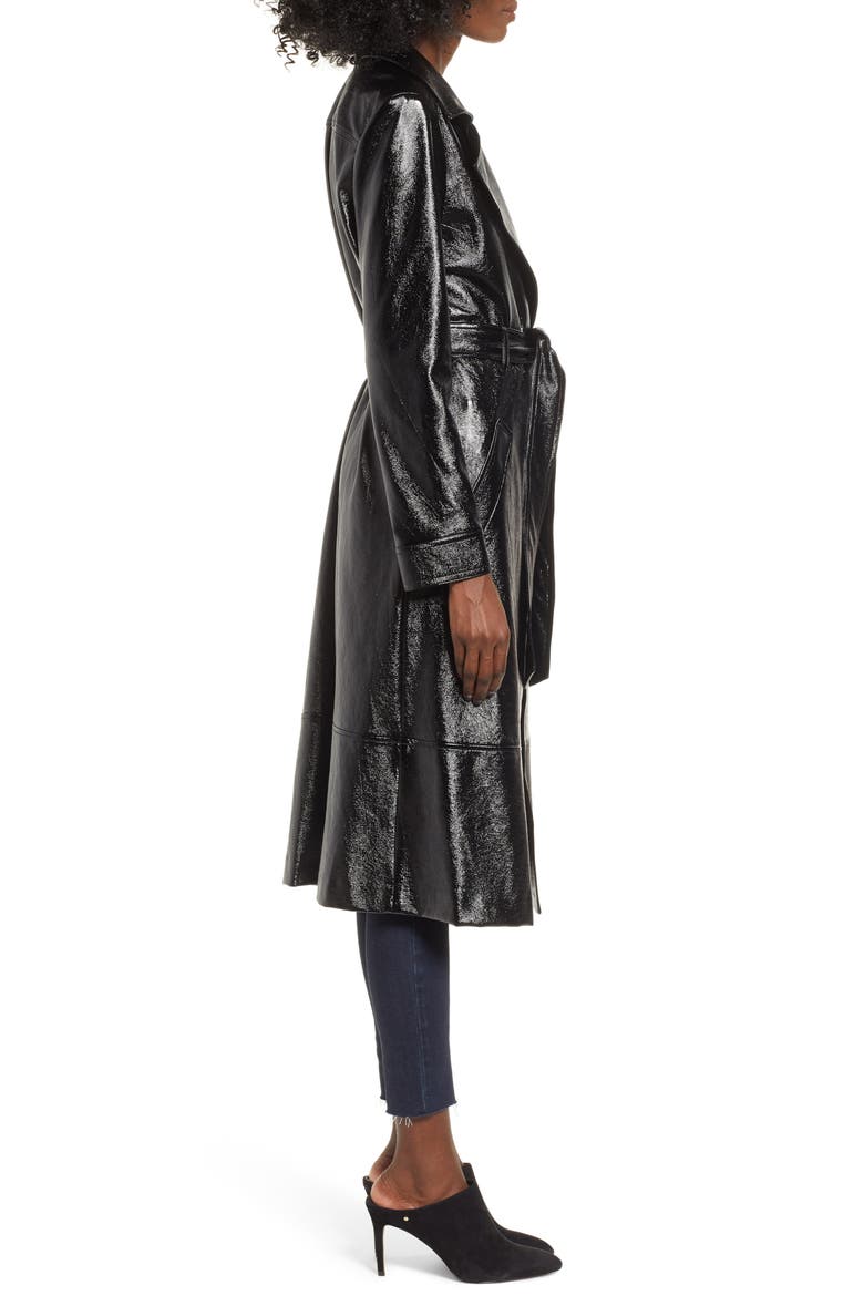 Faux Patent Leather Trench Coat, Alternate, color, BLACK