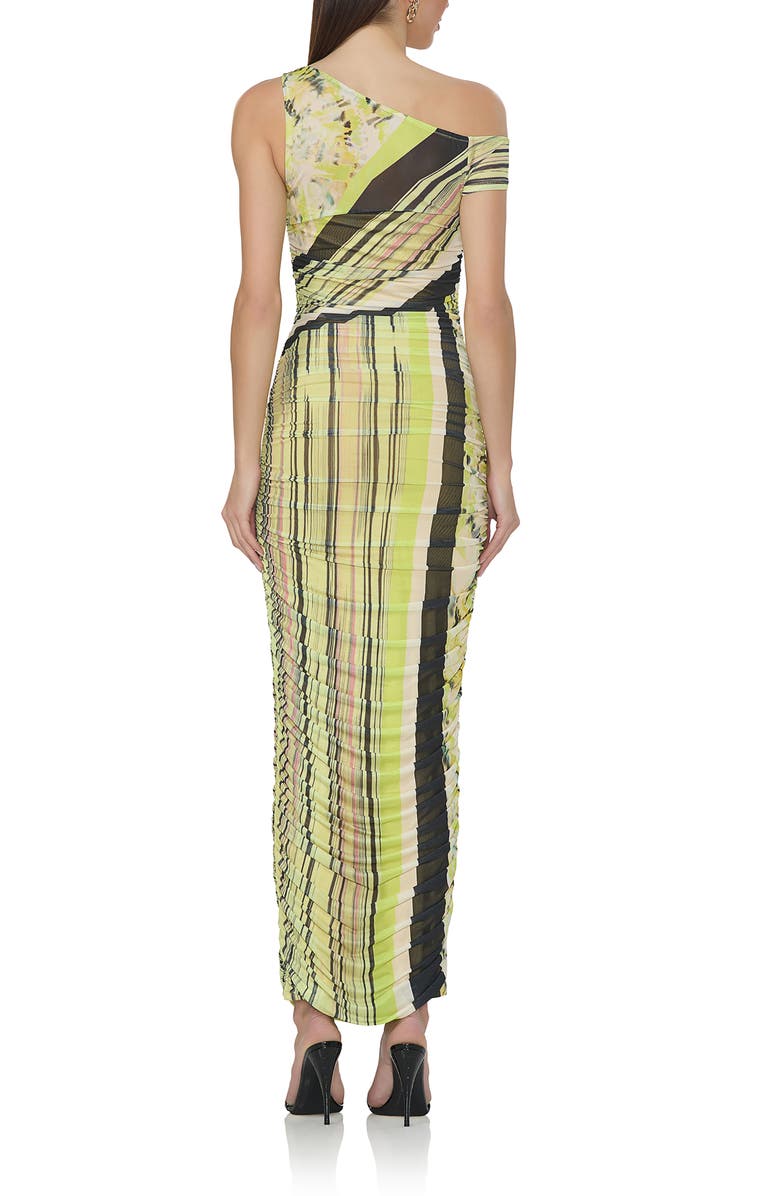 AFRM Biona One-Shoulder Ruched Mesh Maxi Dress, Alternate, color, Wing Stripe