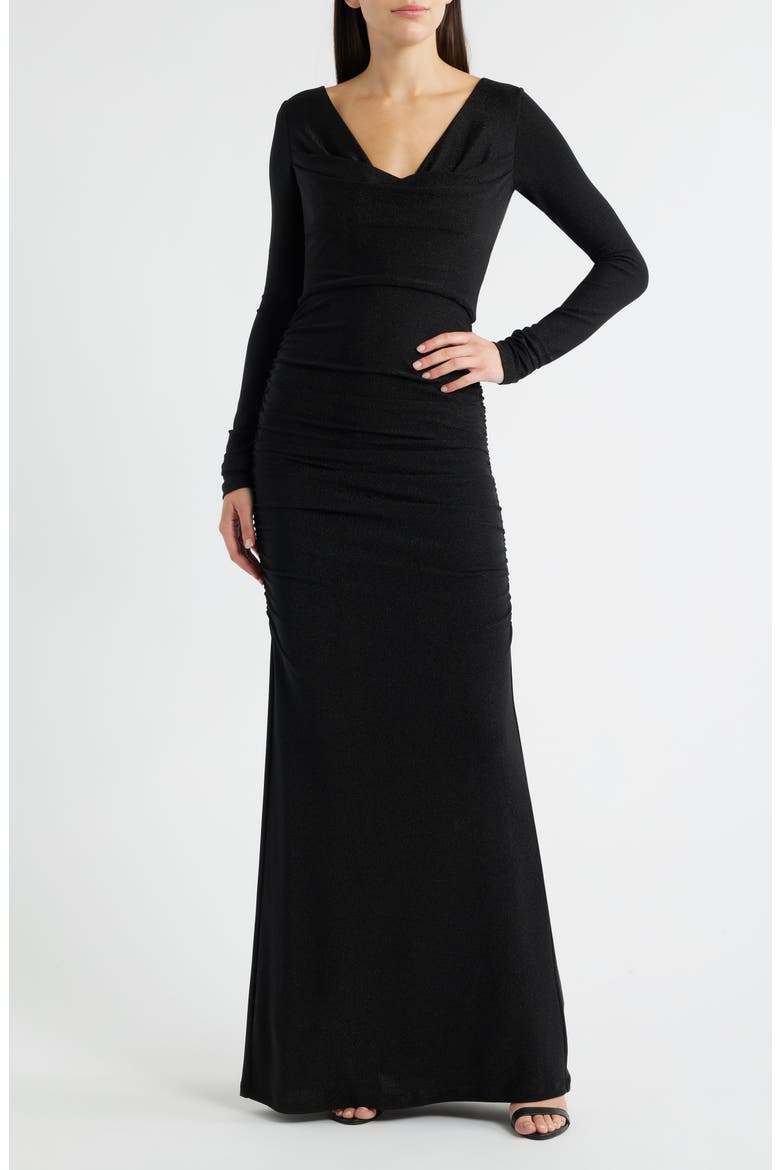 Rafaela Long Sleeve Glitter Knit Gown, Main, color, BLACK
