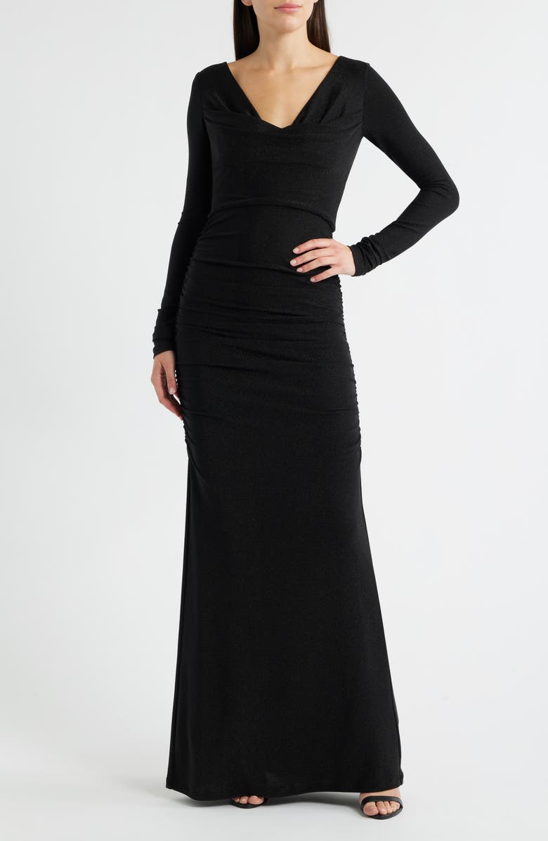 Black Halo Rafaela Long Sleeve Glitter Knit Gown, Main, color, Black