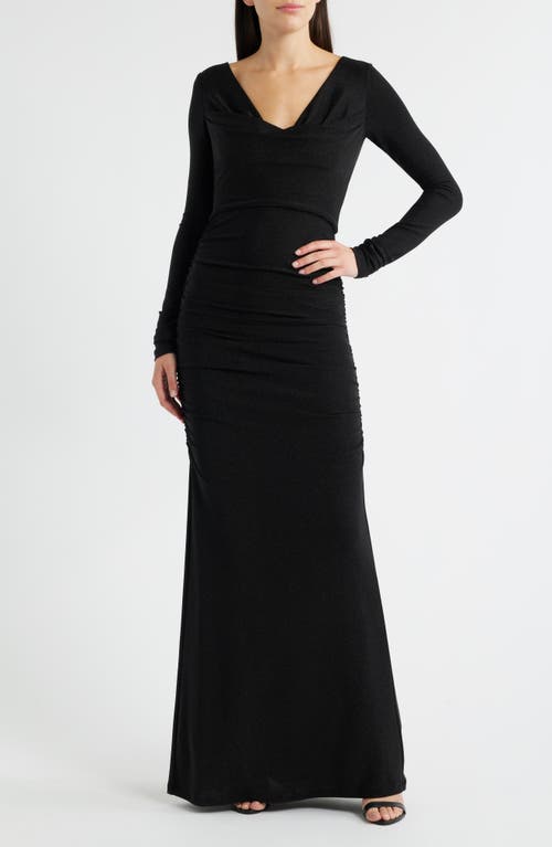 Black Halo Rafaela Long Sleeve Glitter Knit Gown In Black