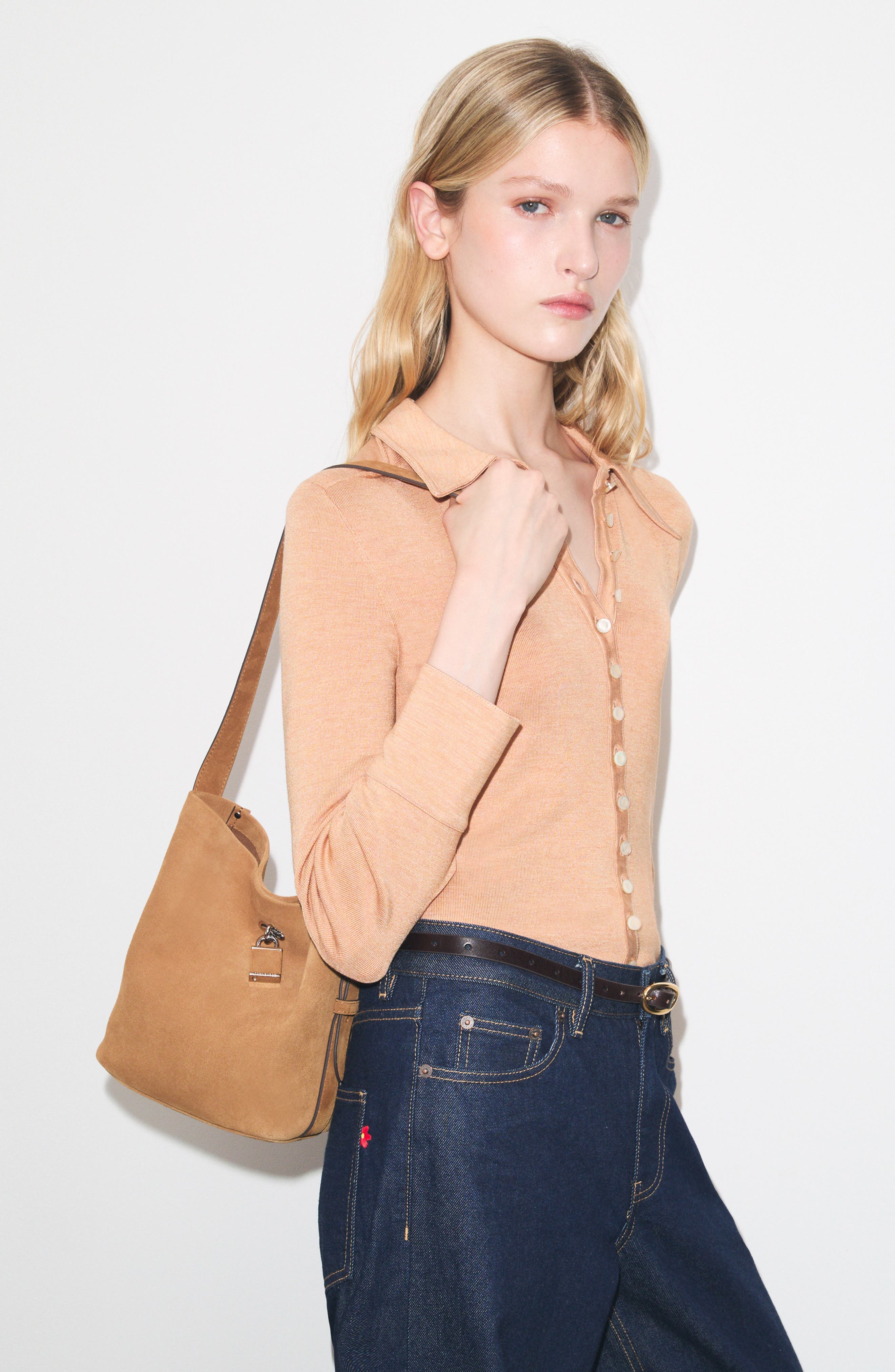 Lock Medium Slim Suede Bucket Bag, Alternate, color, TOFFEE