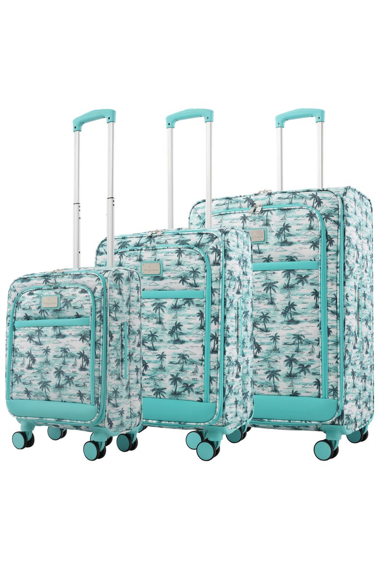 Palm Print 3-Piece Expandable Softside Spinner Luggage Set, Main, color, Aqua