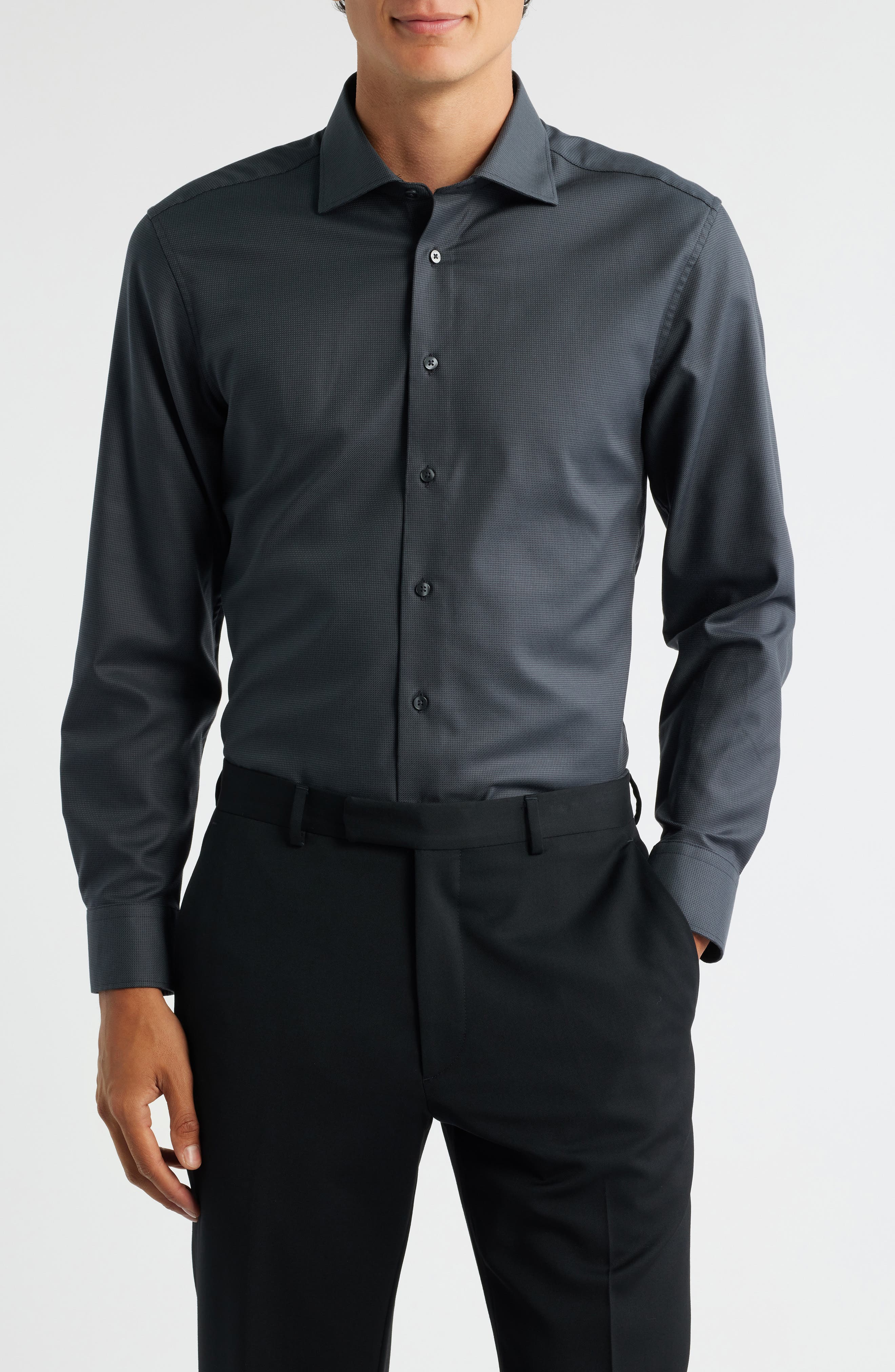 Eterna Slim Fit Structured Cotton Twill Dress Shirt in Black 