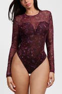 Popilush All-in-One Paisley Mesh Long Sleeve Built-In Shapewear Bodysuit