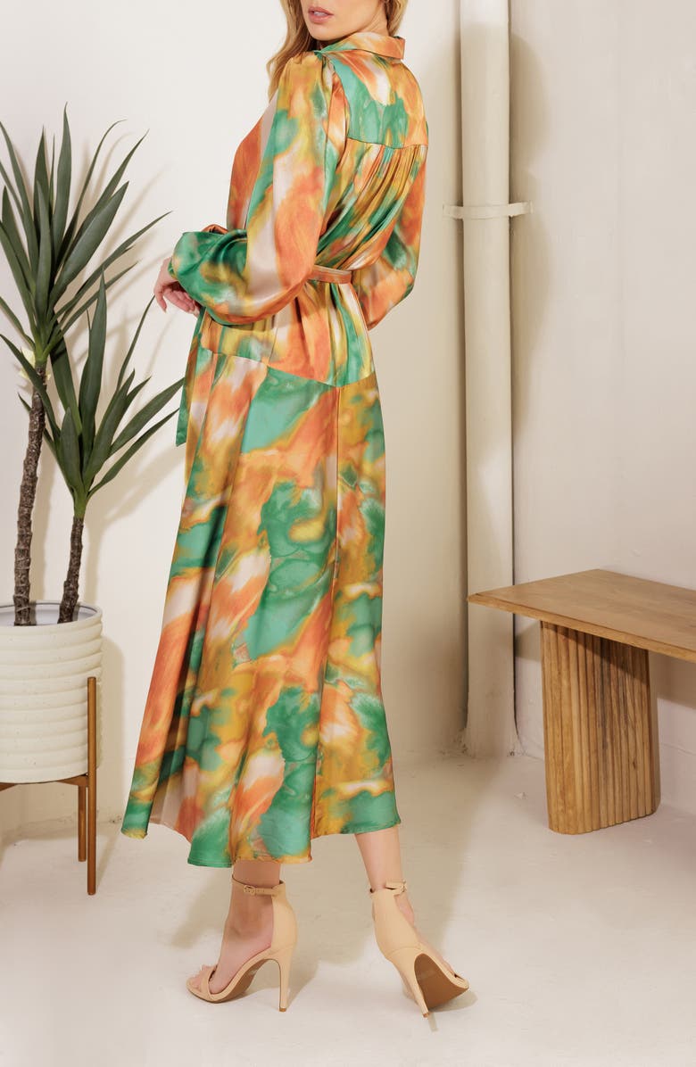 FLYING TOMATO Wanna Be Loved Long Sleeve Tie Waist Shirtdress, Alternate, color, Green Brown