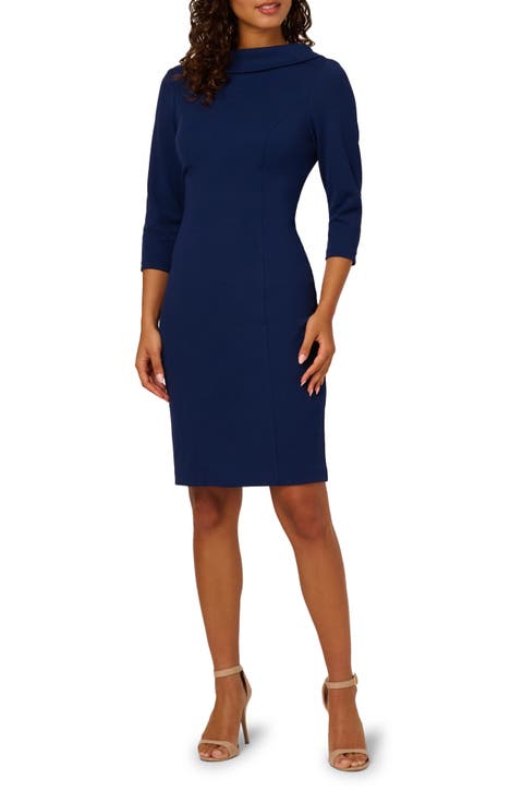Adrianna Papell☆エレガントなネイビードレープバックドレス Three Quarter Bell Sleeve Sheath Midi Dress In Navy Sateen