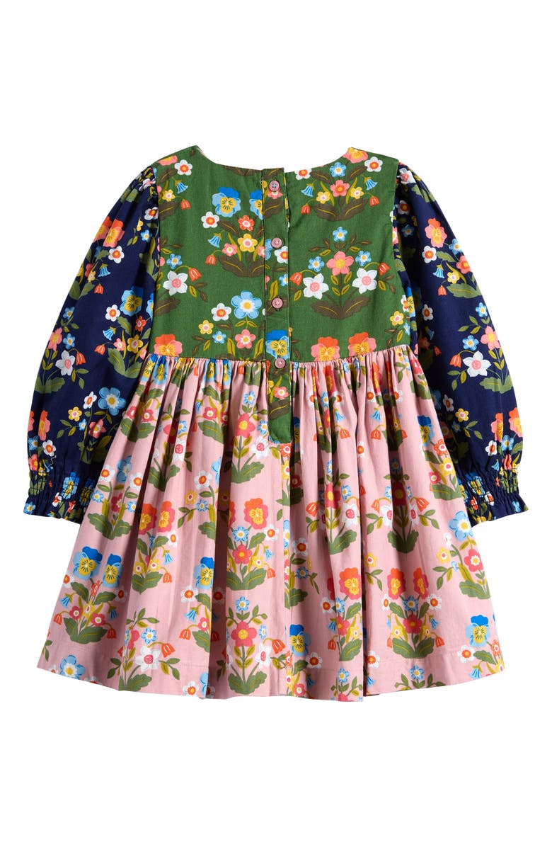 Mini Boden Kids' Colorblock Floral Long Sleeve Cotton Dress, Alternate, color, Hotchpotch Pansy Bed