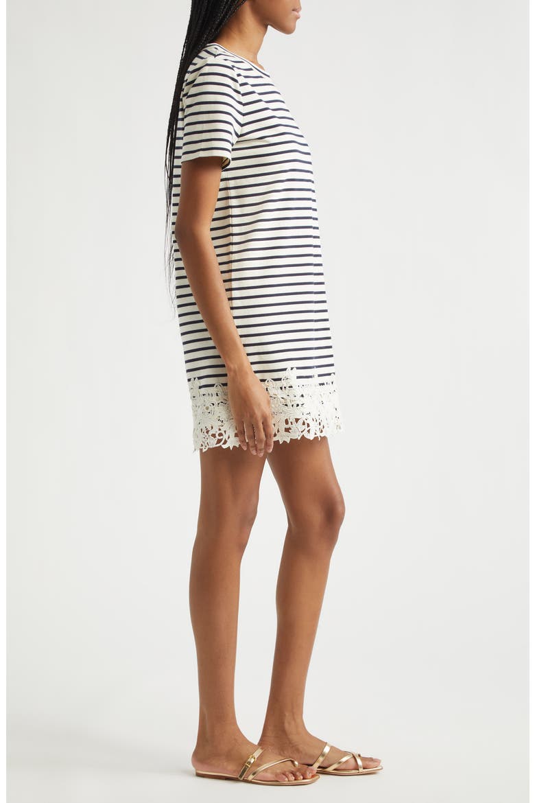 Rhue Embroidered Hem T-Shirt Dress, Alternate, color, DOVE NAVY STRIPE