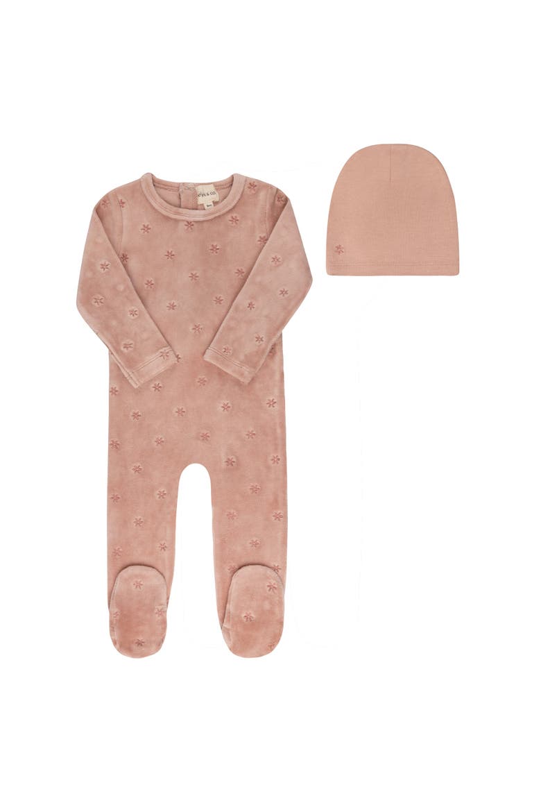 Velour Embroidered Floral Collection - Footie + Beanie, Main, color, Pink