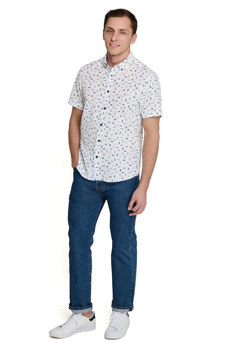 Sailboat Print Short Sleeve Seersucker Button-Up Shirt, Alternate, color, WHITE/ BLUE/ PINK