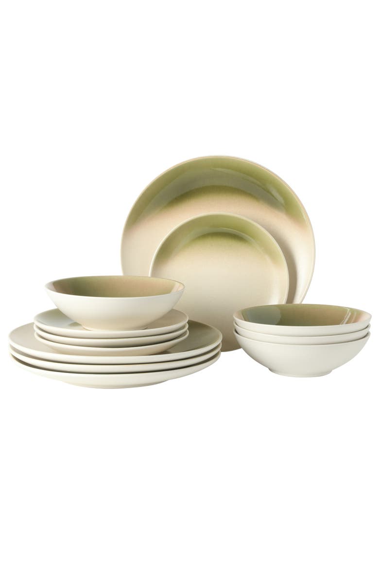 Crescenton 12-Piece Round Reactive Glaze Stoneware Dinnerware Set, Main, color, Green
