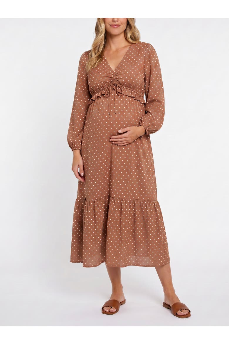 Long Sleeve Ruffle Midi Maternity Dress, Main, color, Mocha Mousse & Vanilla Dot