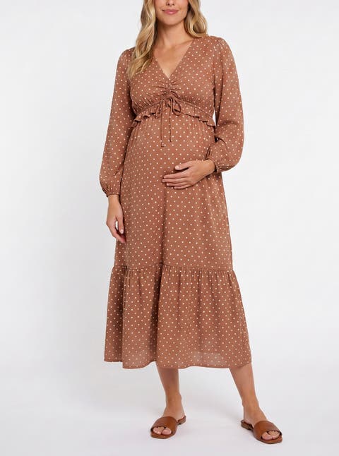 Puff Sleeve Ruffle Midi Maternity Dress