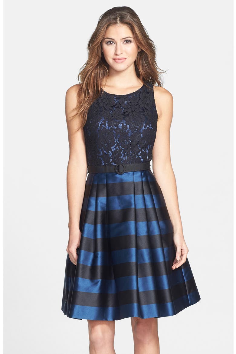 Lace Bodice Stripe Fit & Flare Dress, Main, color, NAVY/ BLACK
