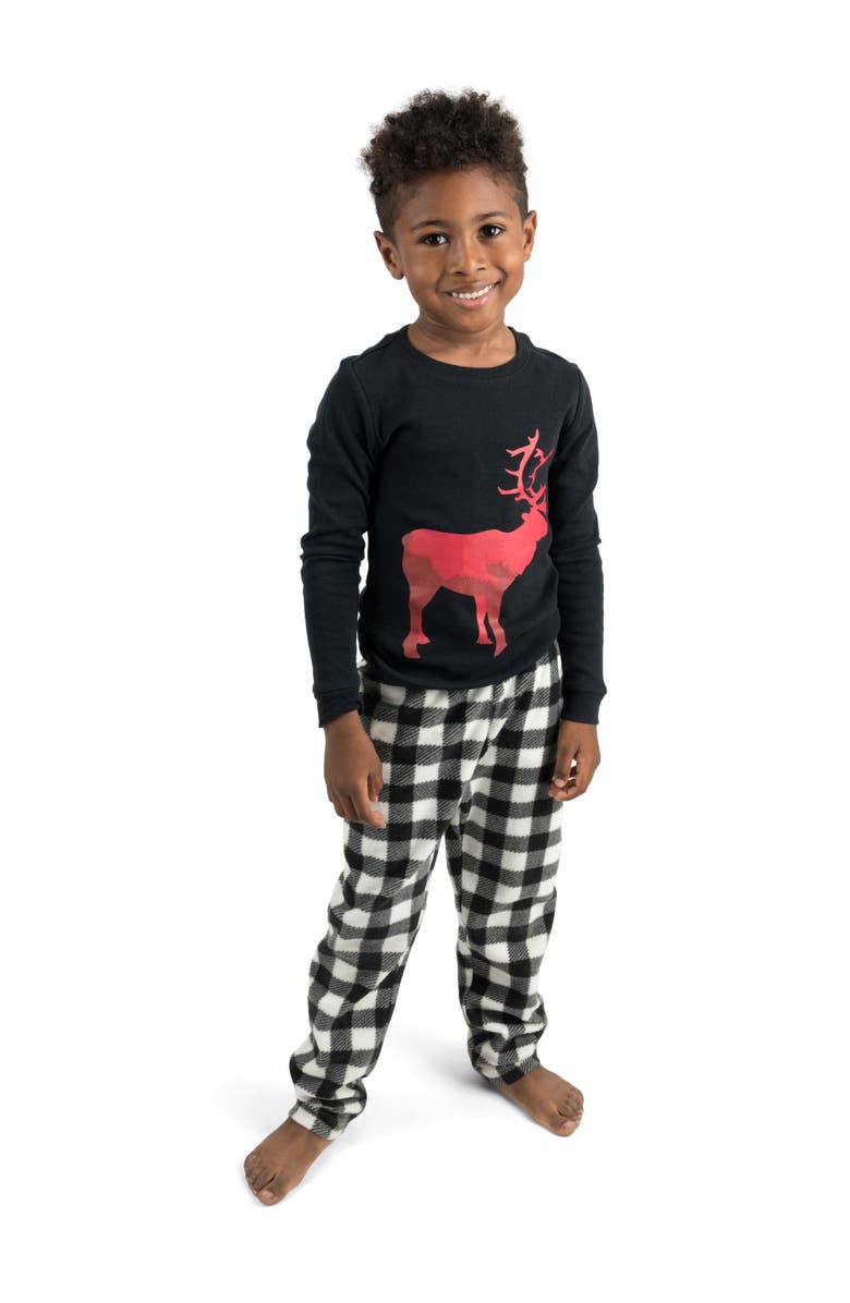 Leveret Kids Cotton Top & Fleece Pants Printed Holiday Pajamas, Main, color, Reindeer