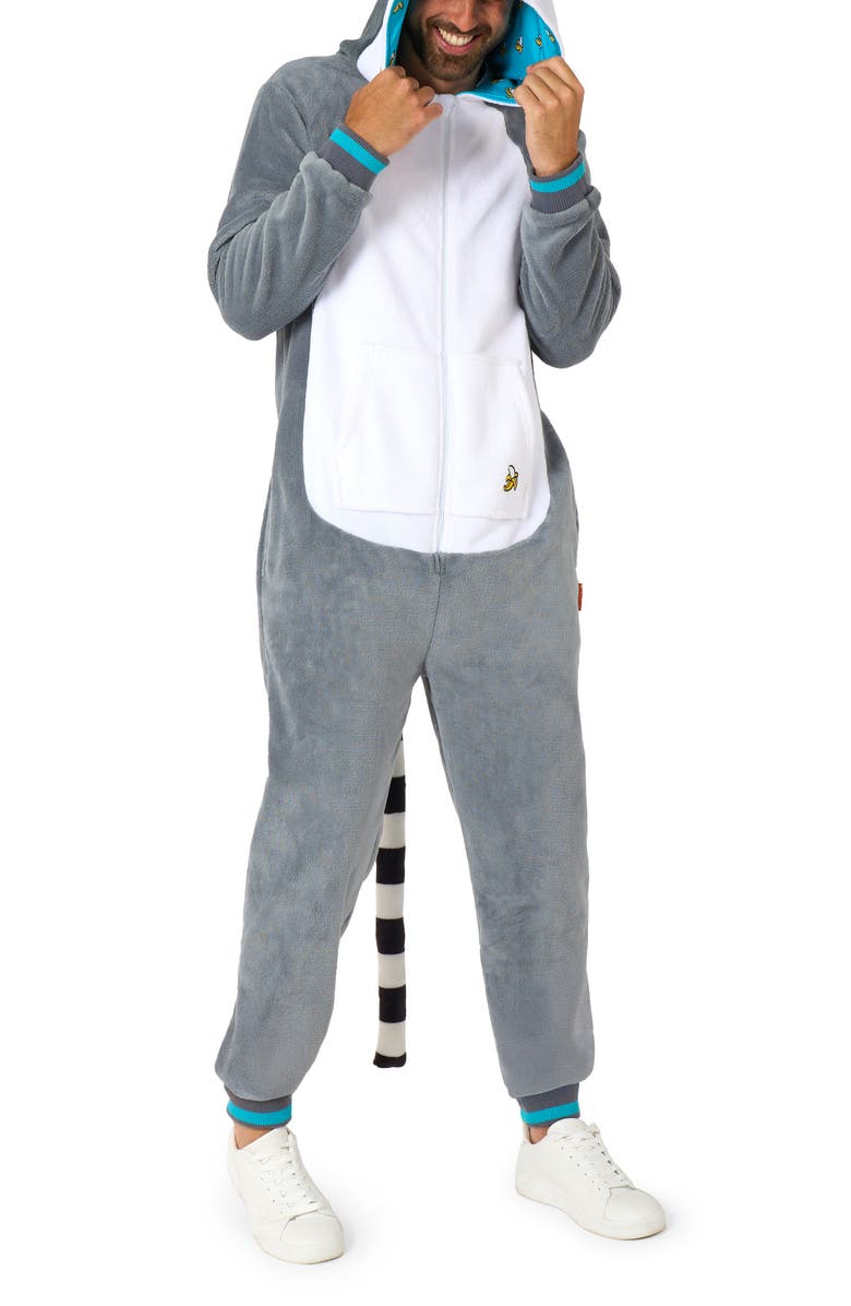 OppoSuits Lemur Hooded Fleece Costume Jumpsuit, Main, color, Grey