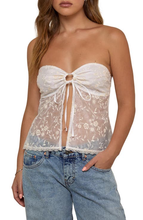 Gretaili Strapless Sheer Embroidered Split Front Top