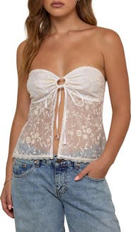 Motel Gretaili Strapless Sheer Embroidered Split Front Top
