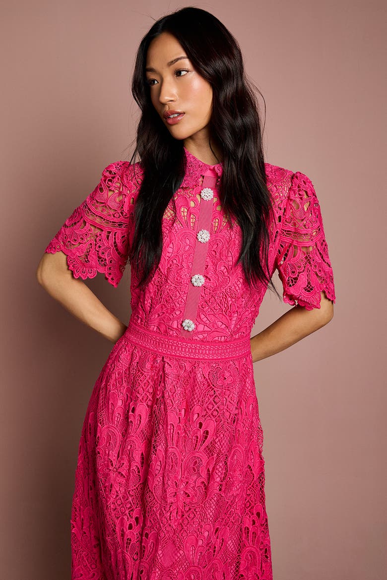 Short Sleeve Collared Lace Midi Dress, Alternate, color, Raspberry
